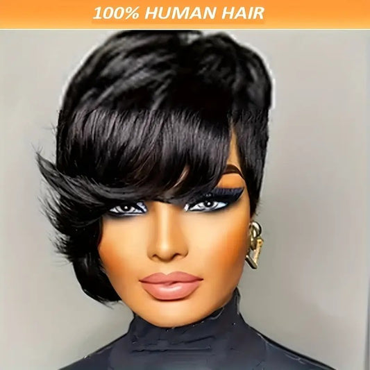 Straight Black Elegant 8 PixieCut Wig For Women -Glueless Human Hairwith Long Bangs, Everyday Style Wig L SleekShort Wig Wig Accessories