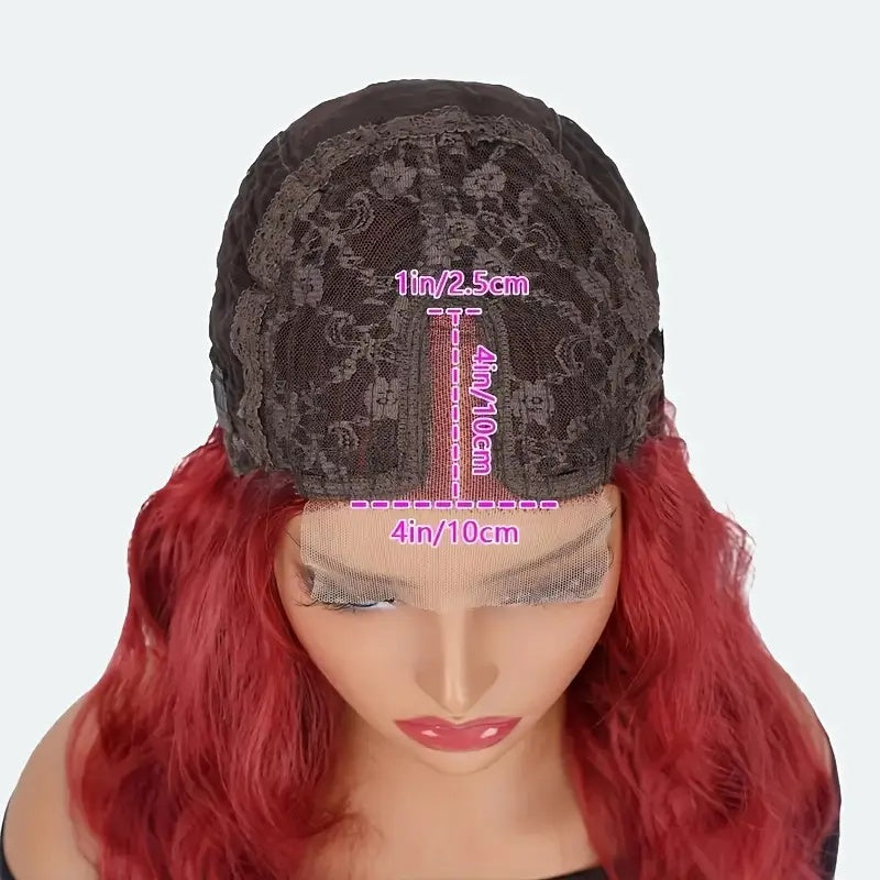 Elegant 24 Inch Red Wavy Synthetic Wig For Women, 4x1 Front Lace, High Temperature Fiber, Middle Part, Natural Look, Breathable, Comfortable, Versatile For Cosplay & Daily Use, All Ethnicities