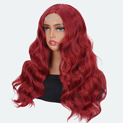 Elegant 24 Inch Red Wavy Synthetic Wig For Women, 4x1 Front Lace, High Temperature Fiber, Middle Part, Natural Look, Breathable, Comfortable, Versatile For Cosplay & Daily Use, All Ethnicities