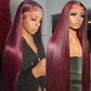 High Temperature Resistant Burgundy Long Straight Lace Non-toxic Wig, Pre-dial Hairline, Non-adhesive, Heat-resistant Synthetic Fiber,