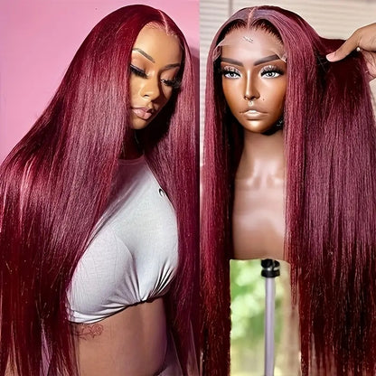 High Temperature Resistant Burgundy Long Straight Lace Non-toxic Wig, Pre-dial Hairline, Non-adhesive, Heat-resistant Synthetic Fiber,
