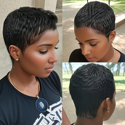 Women's Elegant Elf Haircut Non-toxic Wig - Brazilian Remy Real Hair, Natural Color, Short Straight Hair, All Machine-made, With Buckle Cap.